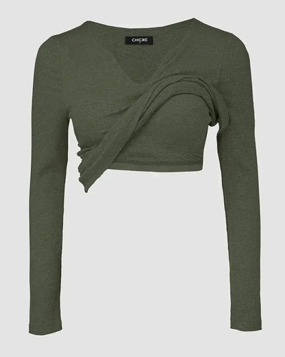 Notch Neck Ribbed Long-Sleeve with Built-In Bra