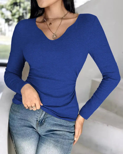 Notch Neck Ribbed Long-Sleeve with Built-In Bra