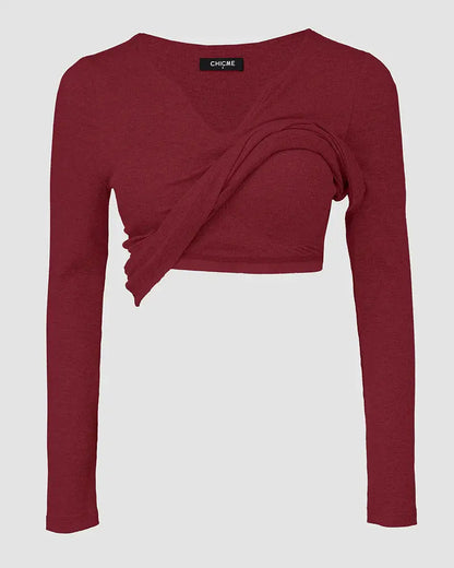Notch Neck Ribbed Long-Sleeve with Built-In Bra