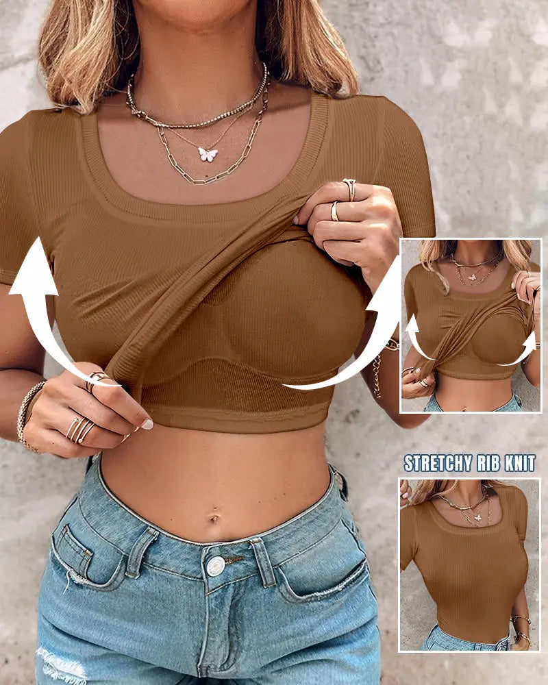 Ribbed Short-Sleeve Sculpt Top with Built-In Bra