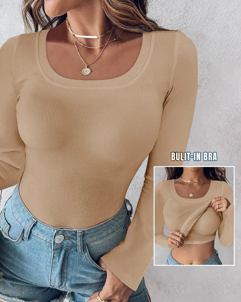 Ribbed Long-Sleeve Sculpt Top with Built-In Bra