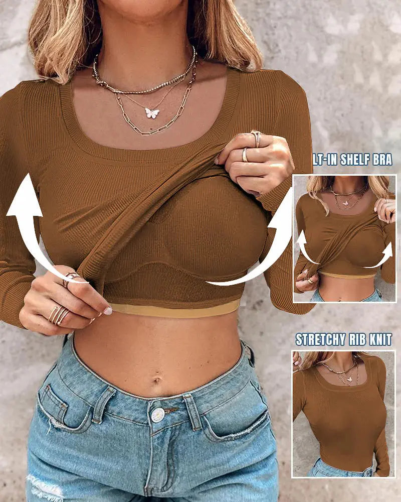 Ribbed Long-Sleeve Sculpt Top with Built-In Bra