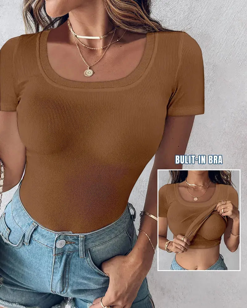 Ribbed Short-Sleeve Sculpt Top with Built-In Bra