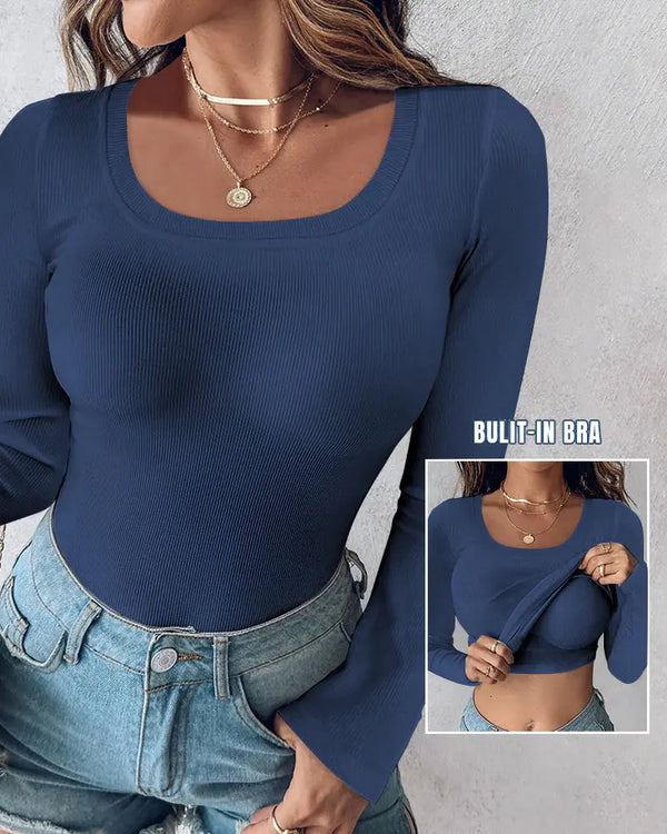 Ribbed Long-Sleeve Sculpt Top with Built-In Bra