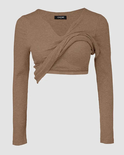 Notch Neck Ribbed Long-Sleeve with Built-In Bra
