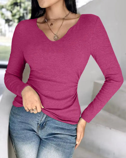 Notch Neck Ribbed Long-Sleeve with Built-In Bra