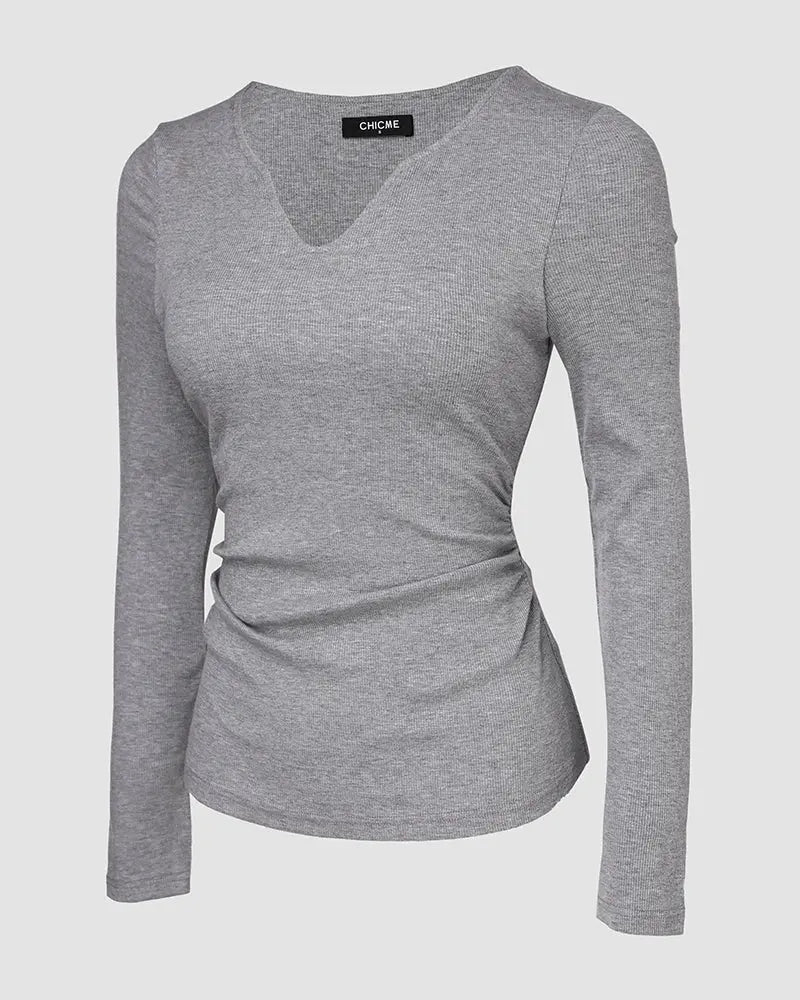 Notch Neck Ribbed Long-Sleeve with Built-In Bra