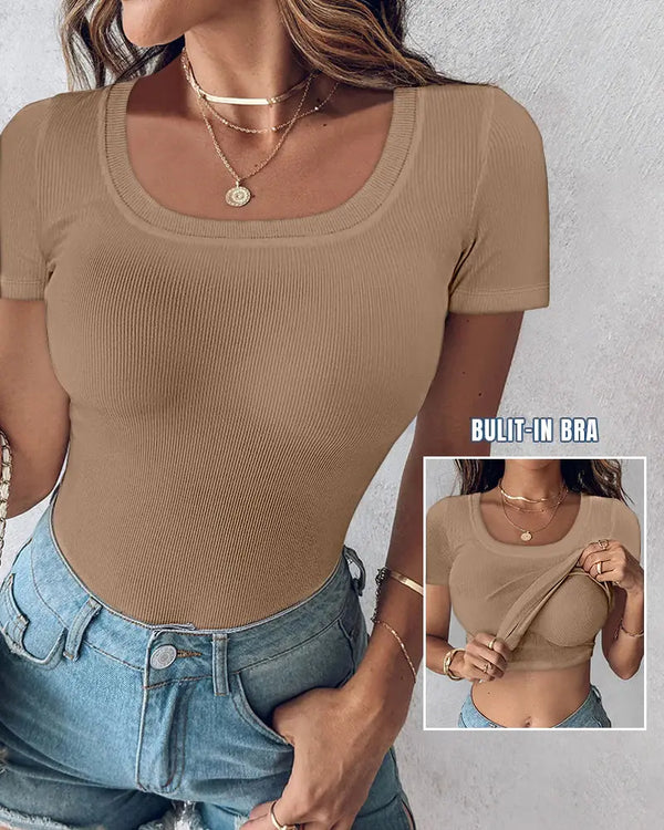 Ribbed Short-Sleeve Sculpt Top with Built-In Bra