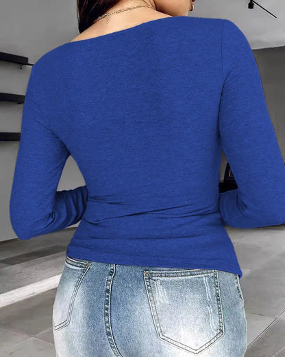 Notch Neck Ribbed Long-Sleeve with Built-In Bra