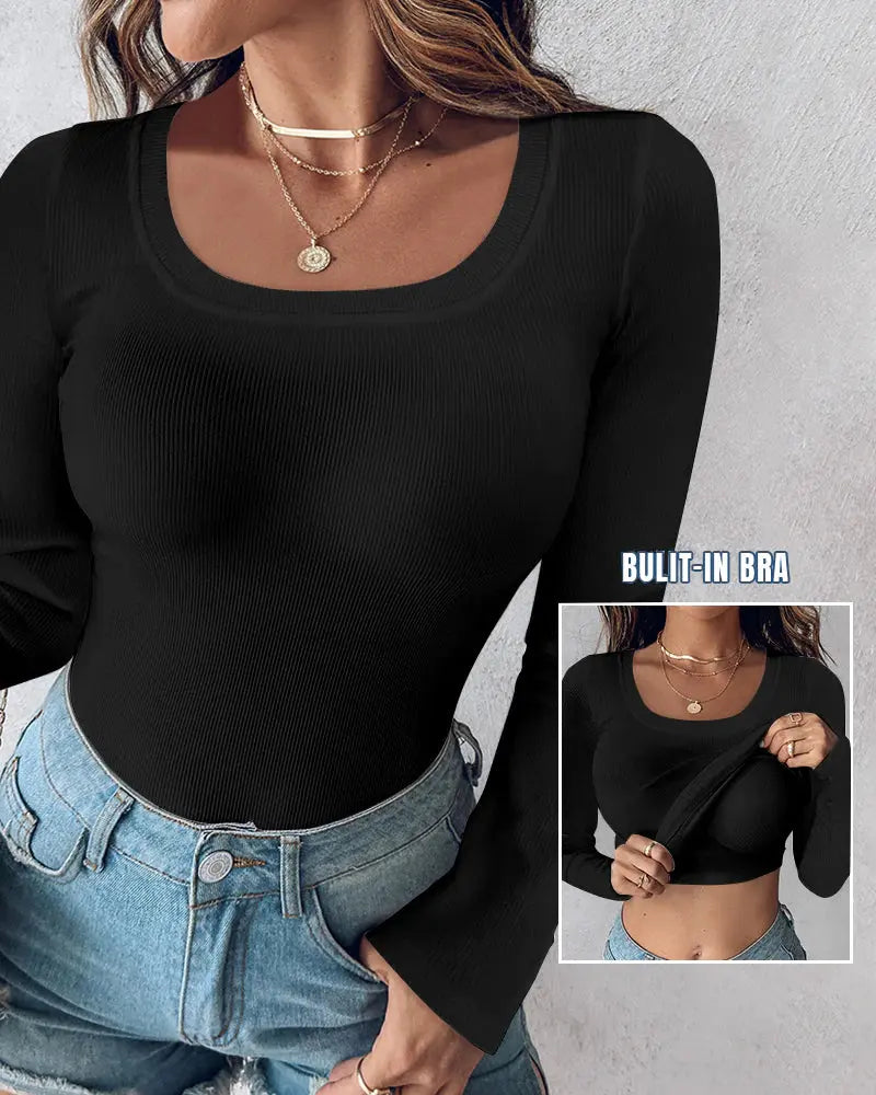 Ribbed Long-Sleeve Sculpt Top with Built-In Bra